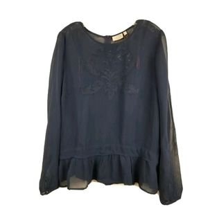 Trucco Navy Blue Embroidered Chiffon Blouse Sz M